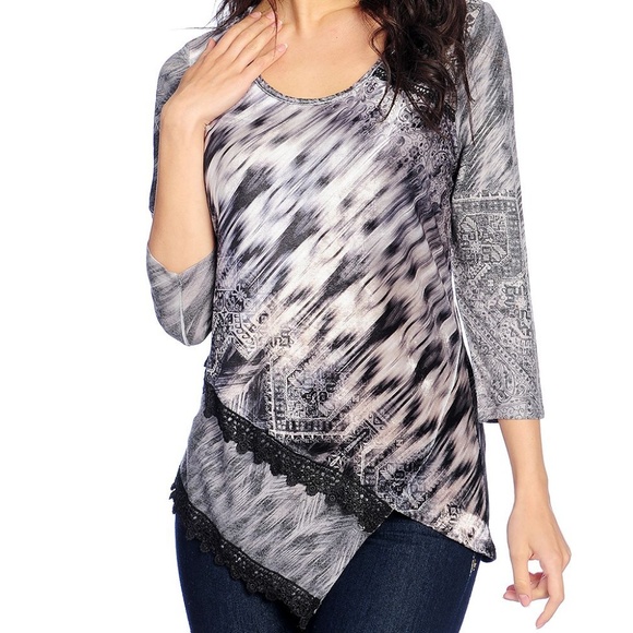 ONE WORLD Tops - One World Lace Trimmed Asymmetrical Tunic
